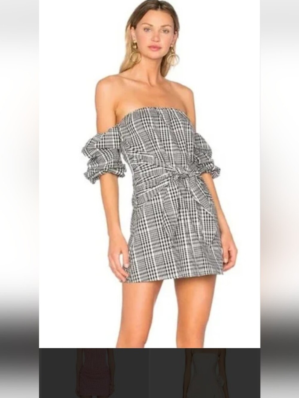 Off-Shoulder Plaid Tie-Front Mini Dress in Black and White